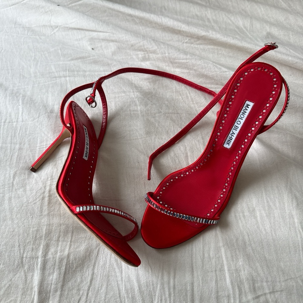 Manolo Blahnik Vibrant Red Crystal Heels with Straps